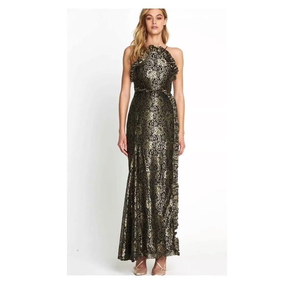 NWT ALICE MCCALL Distant Realms Maxi Gown Black Gold Metallic Lace Size US 0 - Picture 3 of 10
